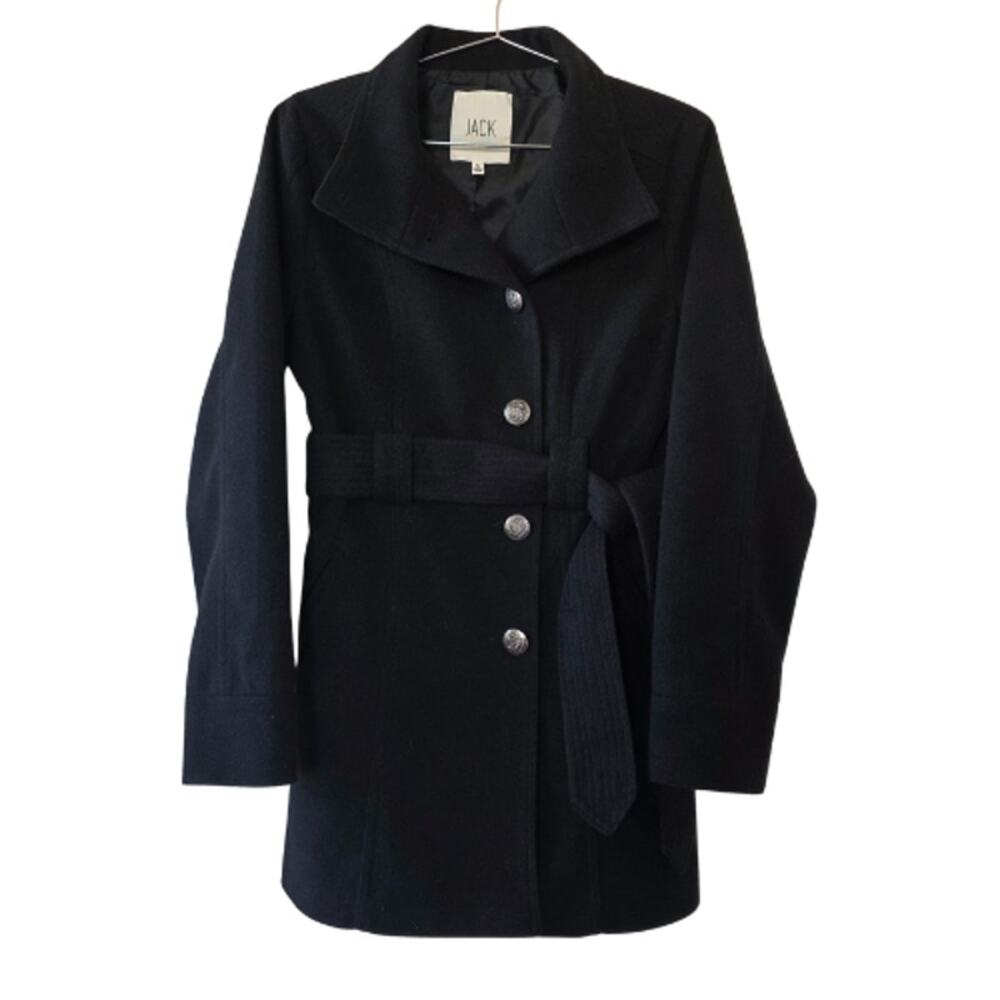Jack by BB Dakota Black Long Coat Women Sz S Belted Peacoat Military Button Wool